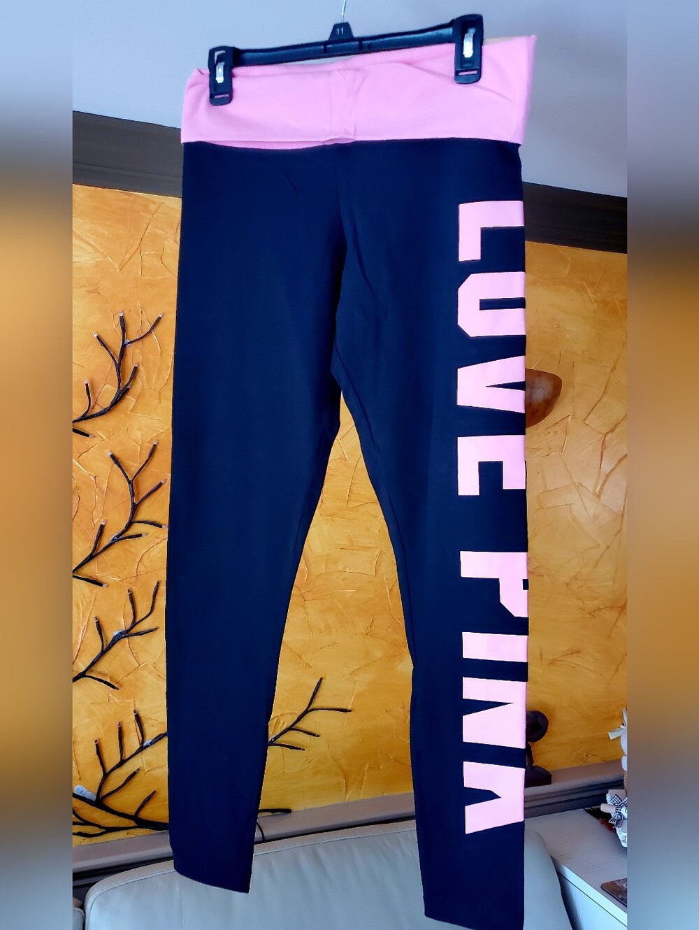 PINK Victoria's Secret Black Leggings with Pink Waistband & Pink Side Logo